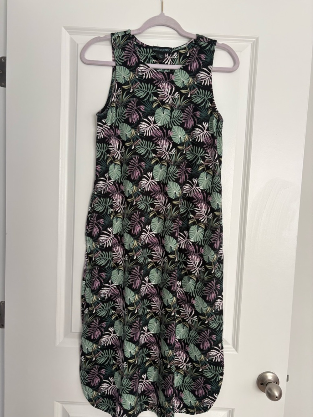 Cynthia Rowley Black Tropical Leaf Midi Dress with Mint & Mauve Accents